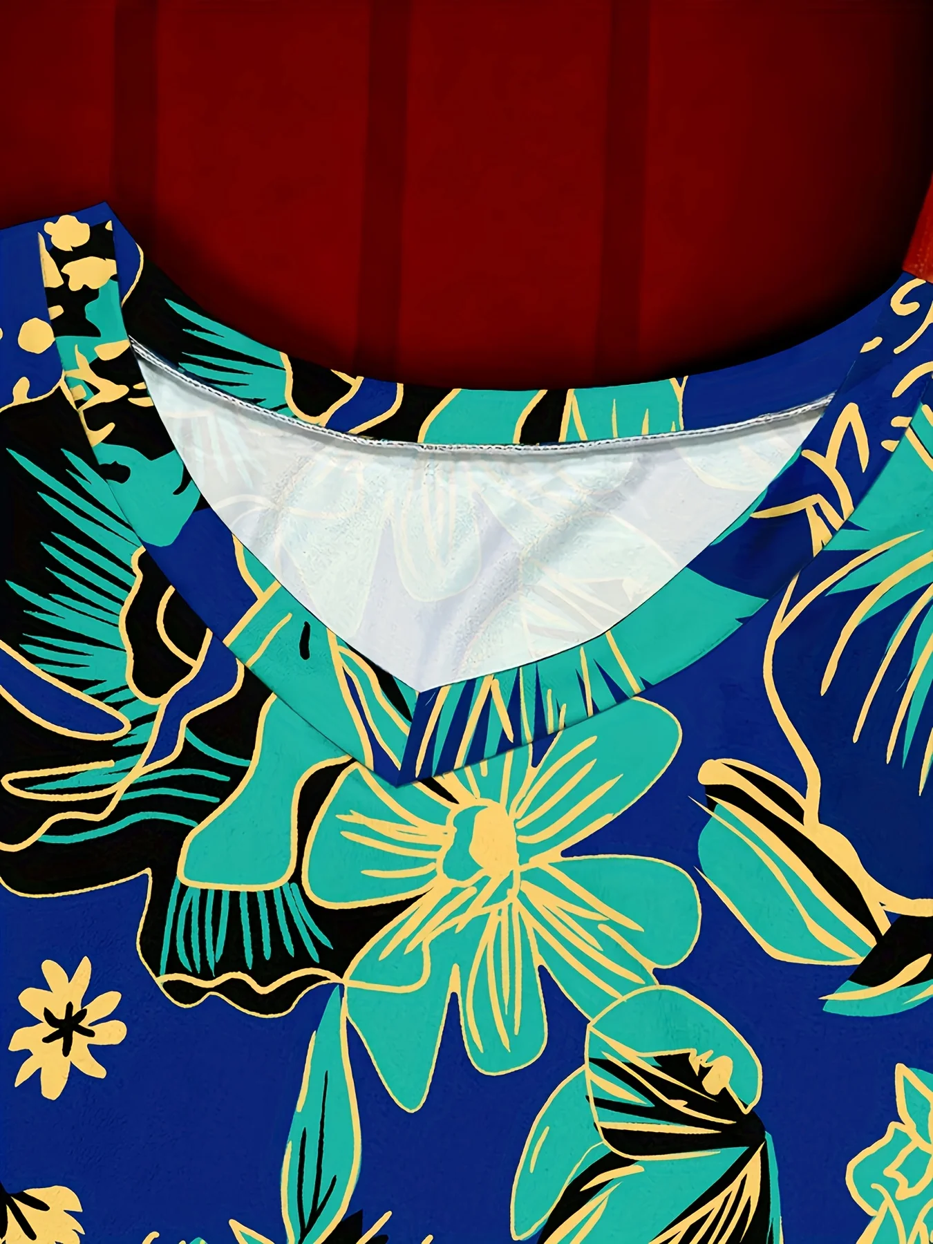 Robe longue à fleurs tropicales dorées pour femmes, base bleue accentuée, manches 3/4, col rond, poches, fente latérale