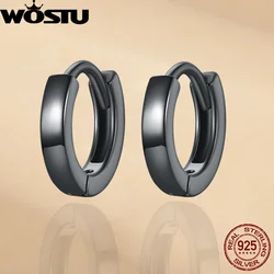WOSTU 925 Sterling Silver Black Gold European Simple Hoop Earrings for Women Korean Ear Buckles Men Fashion Jewelry Punk Gift