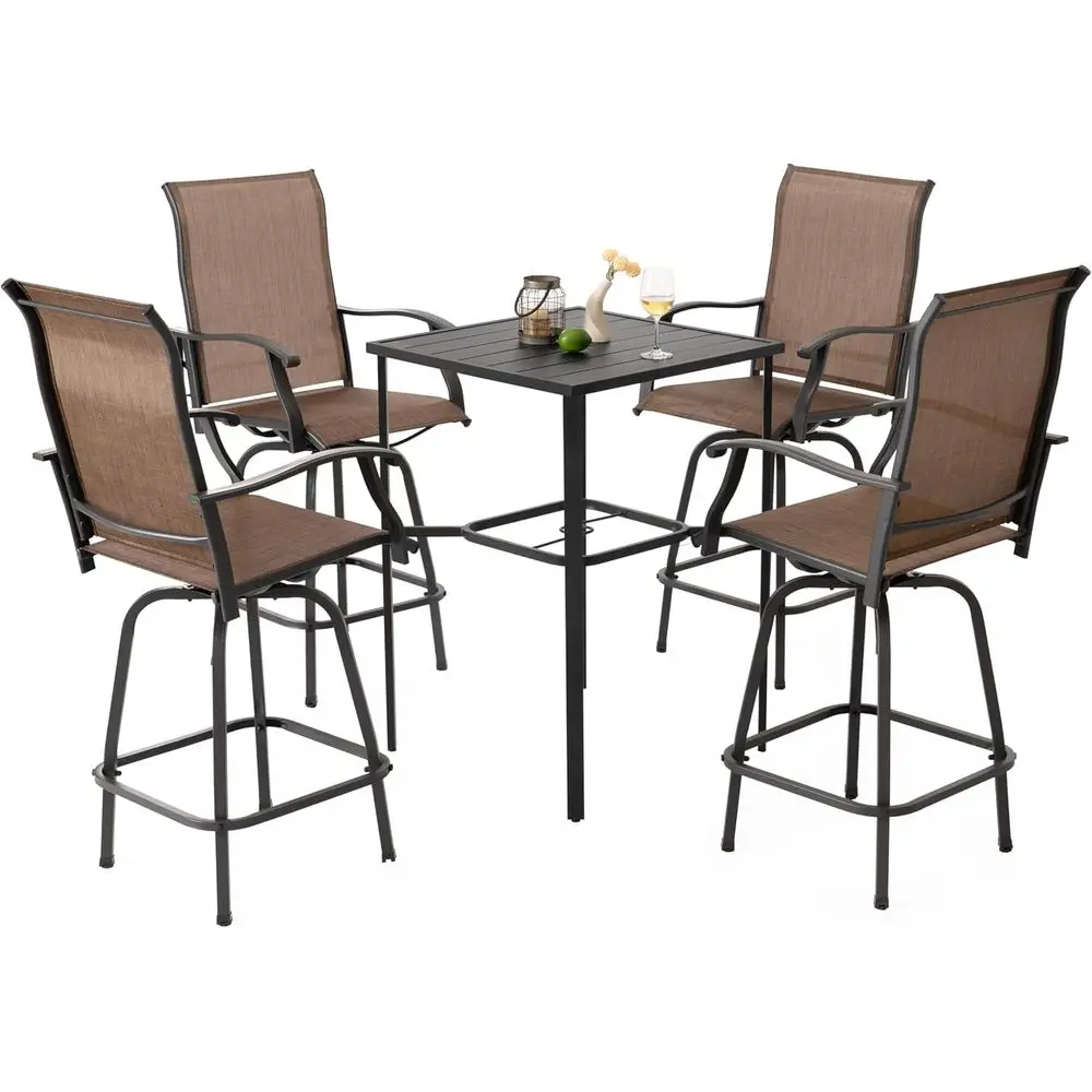 

All-Weather Outdoor Swivel Bar Set with Textilene Back Chairs and Slatted Metal Table