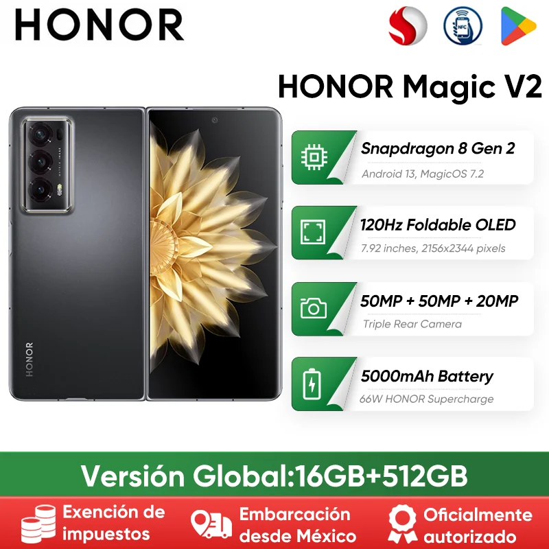 Smartphone plegable HONOR Magic V2 Versión Global, pantalla OLED de 7,92", 120 Hz, Snapdragon 8 Gen 2, 66 W, carga rápida de 5000 mAh, cámara trasera de 50 MP
