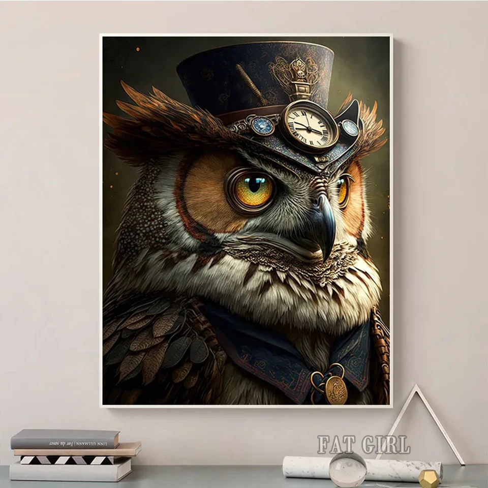 Full Round Drill Diamond Painting Vintage Owl Cat Raccoon Ape Steampunk Animal Portrait Diamond Embroidery Mosaic Art Home Decor