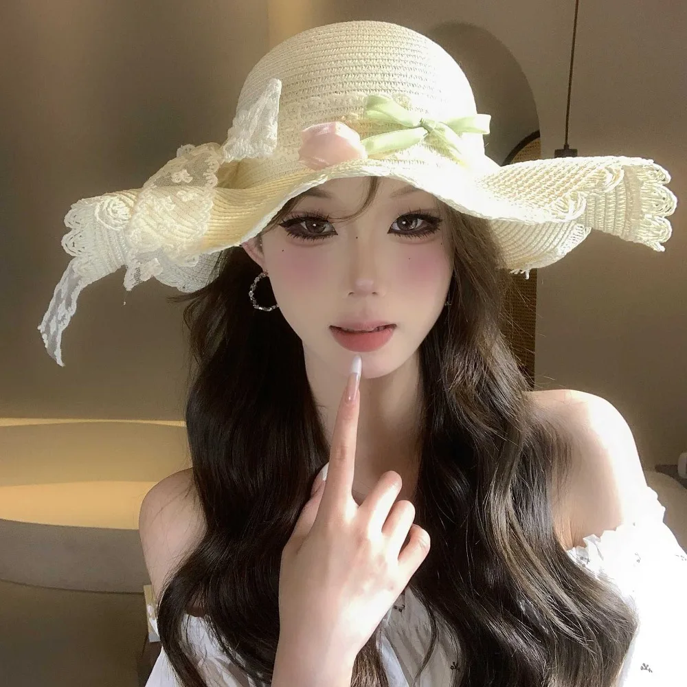 

Simple Sweet Lace Tulip Sun Hat Korean Style Wide Brim Straw Woven Hat Flat Top Elegant Bow Sunscreen Hat Ladies