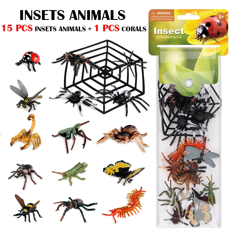 15Pcs Simulation Insect PVC ladybird Bee Spider Models Action Figures Collection Cognition Educational Toys For Children Gifts