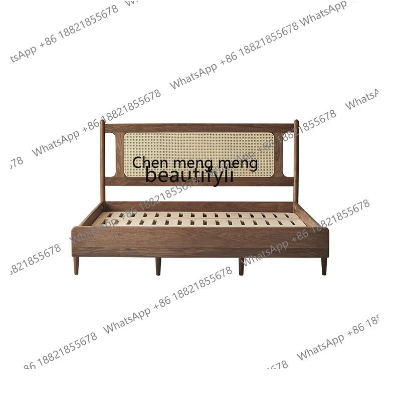 

X Modern Minimalist Solid Wood Bed Home New Chinese Style Black Walnut Color Rattan Retro Double Bed Small Apartment