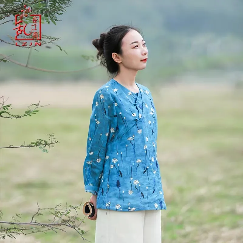 LZJN  New Chinese Vintage Ethnic Cheongsam Linen Tops Women's Flax Blouse Long Sleeve Lotus Flower Print Shirts