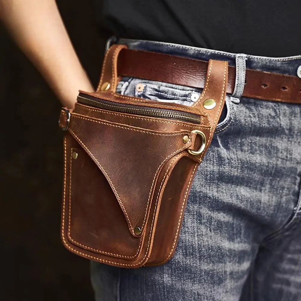 Sac banane pour homme en cuir véritable, pochette de ceinture décontractée, sacoche pour téléphone, sac banane Jockey en cuir Crazy Horse, sac moto vintage