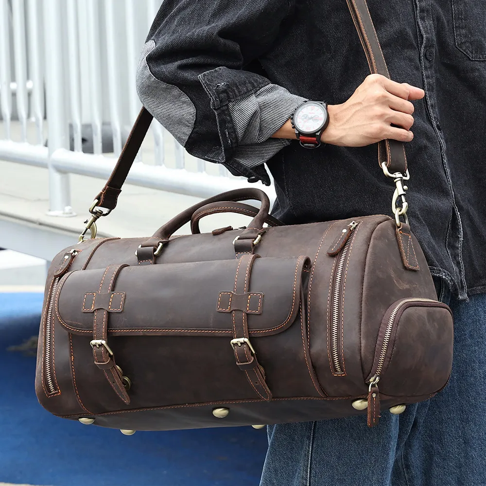 First layer cowhide retro mad horse leather travel bag large capacity leather handbag