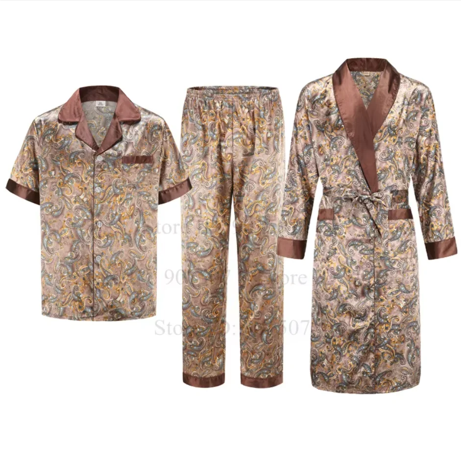 Summer Autumn New Bathrobe with Pocket Ice Silk Robe Male Casual Home Clothes Loose Nightwear Loungewear Print Shirt&pants