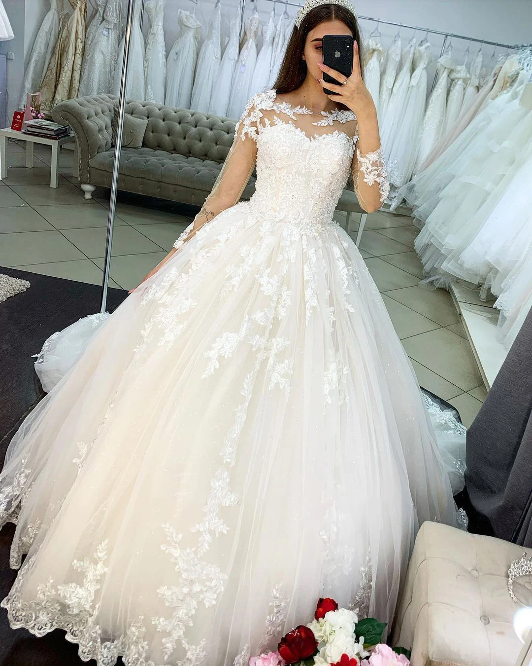 E JUE SHUNG Spitze Appliques Shinny Luxus Hochzeit Kleider Ballkleid 3/4 Langen Ärmeln Brautkleider Lace Up Zurück