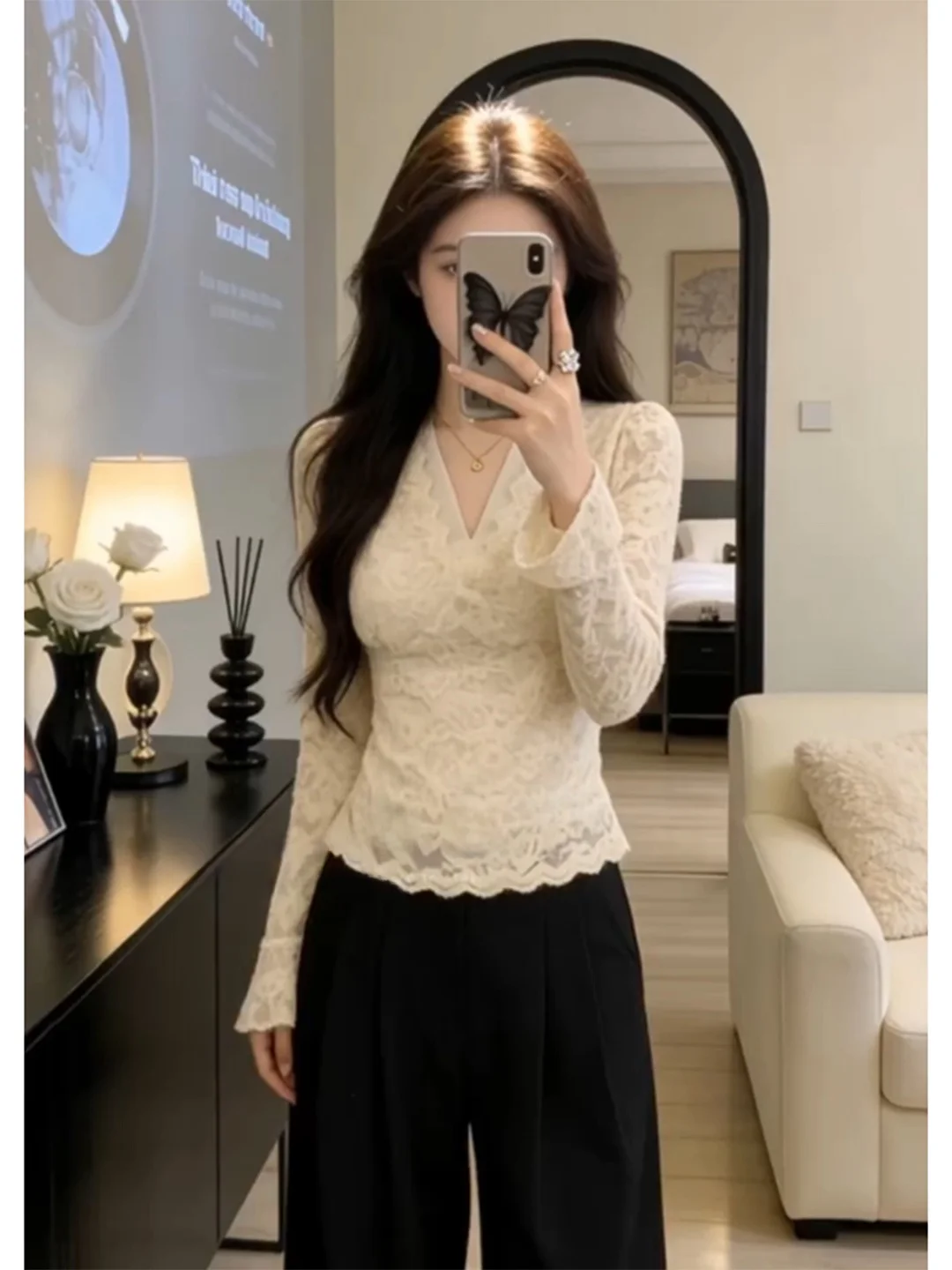 

plus Size V-Ne Long Sve Base irt Women's Spring Slimming Concealing Irregular Design Lace Top Korean Sle Commute