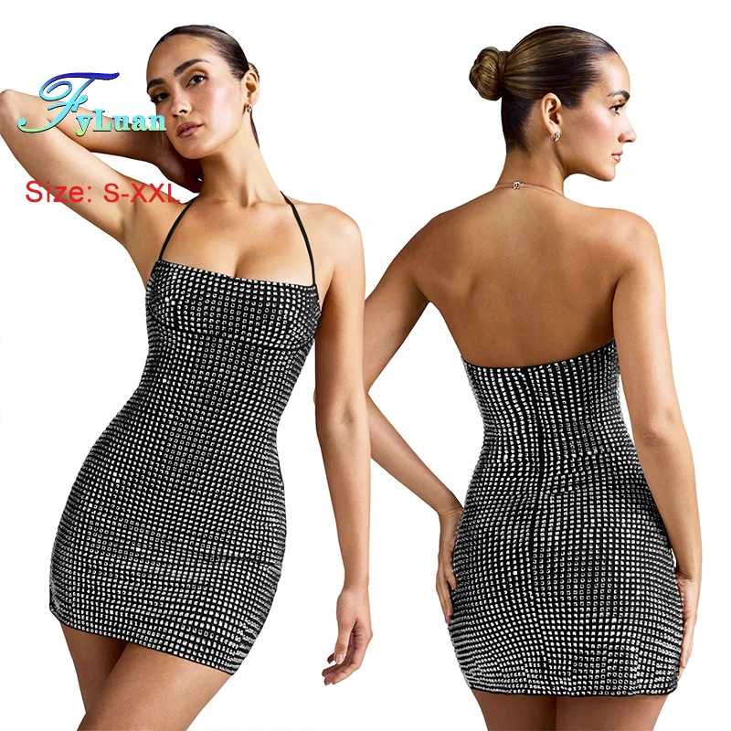 ชุดเดรสแฟชั่นผู้หญิงสไตล์ยุโรปและอเมริกา เซ็กซี่ คอเสื้อประดับเพชร ชุดเดรสทรงเข้ารูปสั้น สีพื้น สำหรับงานพรอมหรืองานกลางคืน
