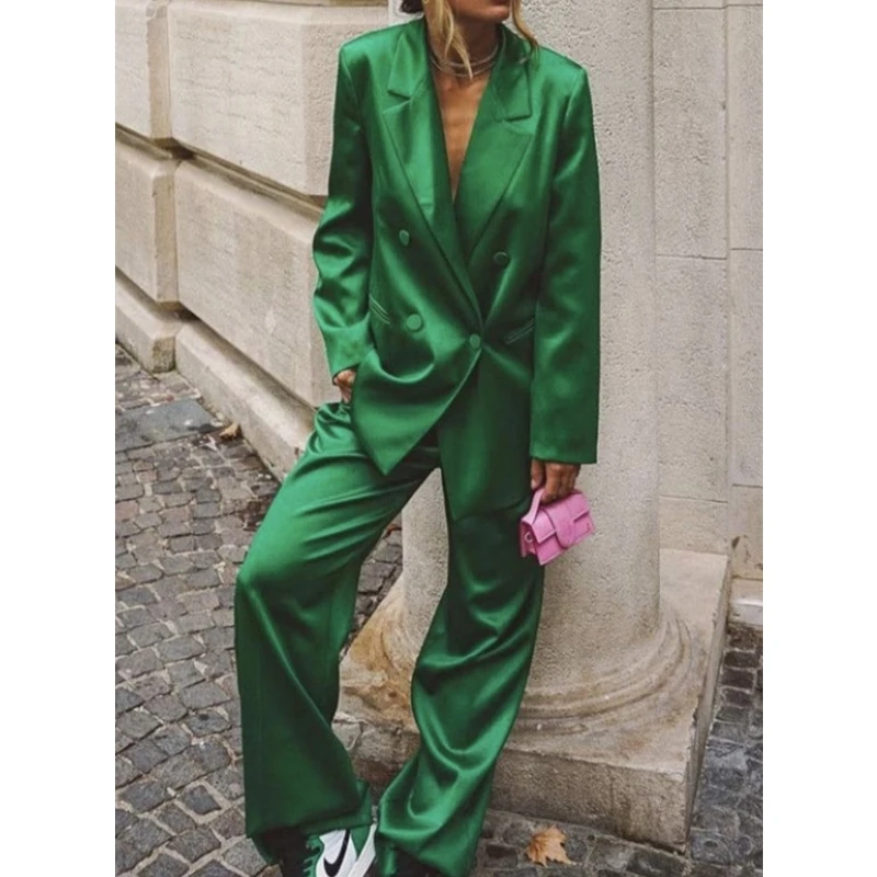 Green Satin Women Blazer And Pants Set 2Pc Double-breasted/ Jacket Casual Suit Trousers Spring Autumn Winter Slim Fit Office Set