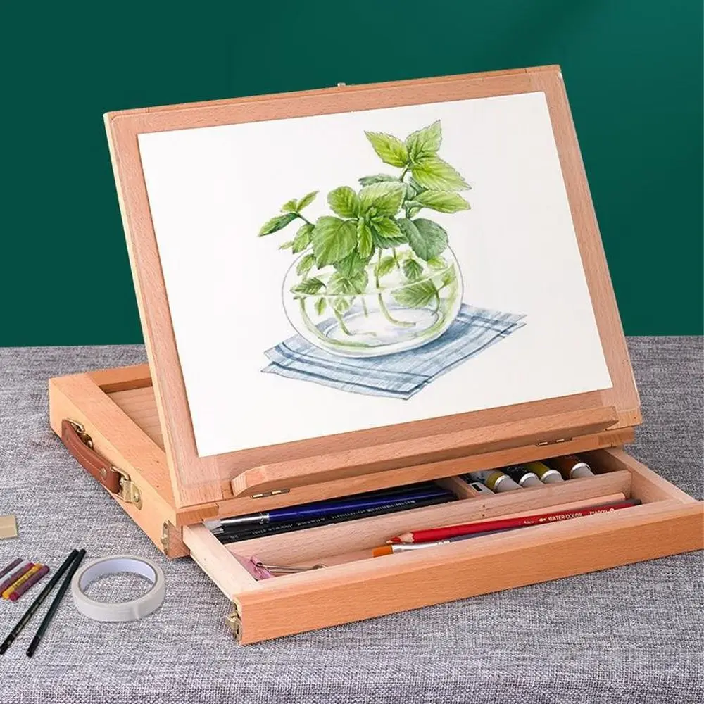 

Beech Wood Portable Wooden Table Easel Adjustable Professional Sketch Drawer Box Multifunction Oil Paint Easel Desktop Use