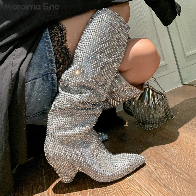 

Shiny Rhinestone Knee-High Boots Autumn and Winter New Niche Light Luxury Retro Women's Boots Pointed Toe Sexy Crystal Boots