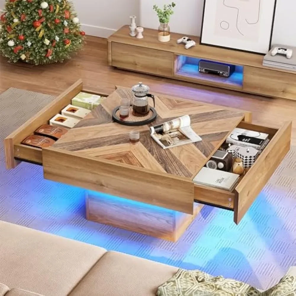 Coffee Table with Storage, Square Coffees Tables, Wood Led Coffee Table with 2 Sliding Drawers