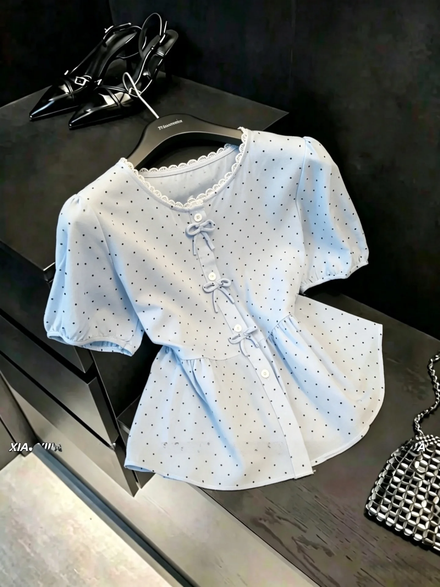 

Korean Style Polka Dot Lace Splice Knot Short Sleeve Women's Shirt Slimming Top Versatile Summer New Arrival