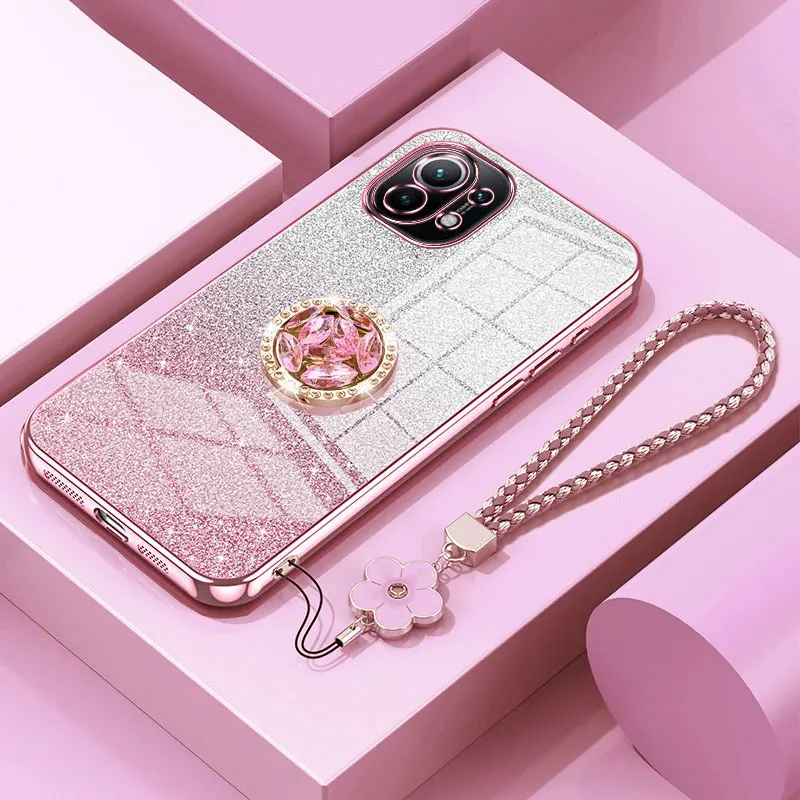 Mi11 Lite 5G Luxury Diamond Holder Case For Xiaomi Mi 11 Lite 5G NE 11T pro Bling Glitter Shockproof Lanyard Cover Case Mi11lite