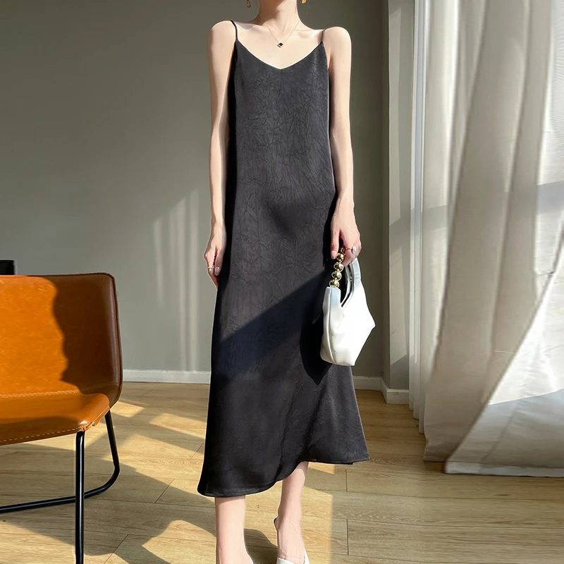 2025 New 100% Anti Wrinkle Mulberry Silk Strap Dress for Women's Summer New Loose Long Skirt