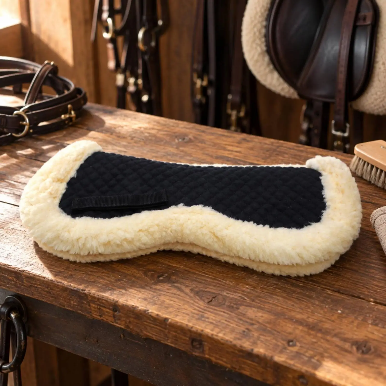 Quilted Saddle Pad with Lamb-Fleece Border Breathable Contoured Saddle Pad with Securing Straps Equine Accessory Soft