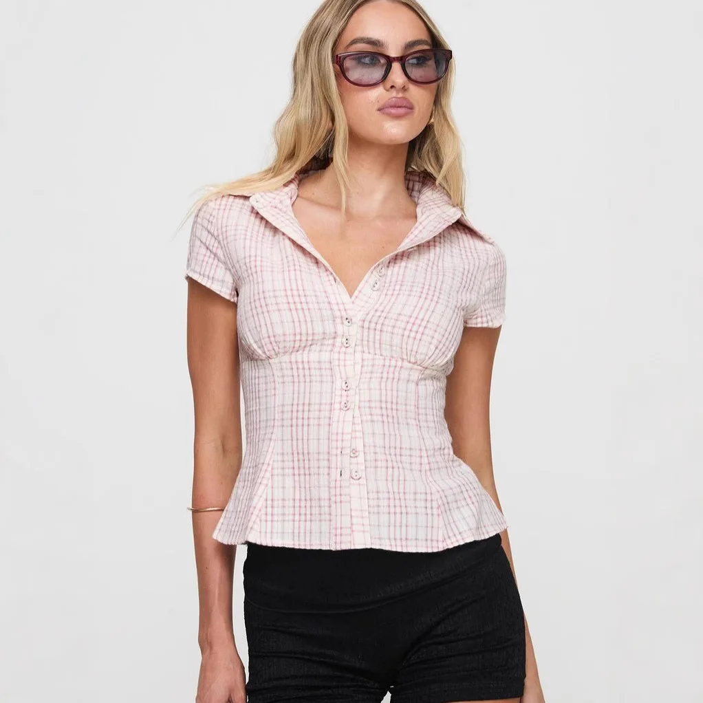 

Women Plaid Button-up Shirt Summer Y2K Turn-down Collar Blouse Top Short Sleeve Collared Slim Fit Elegant Streetwear Tee