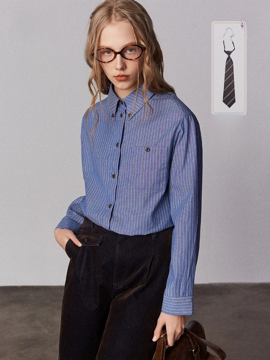 

Классическая хлопковая рубашка Bobbybey с вышивкой и полосками, в американском стиле, повседневная, с отложным воротником, дышащая, износостойкая, женская