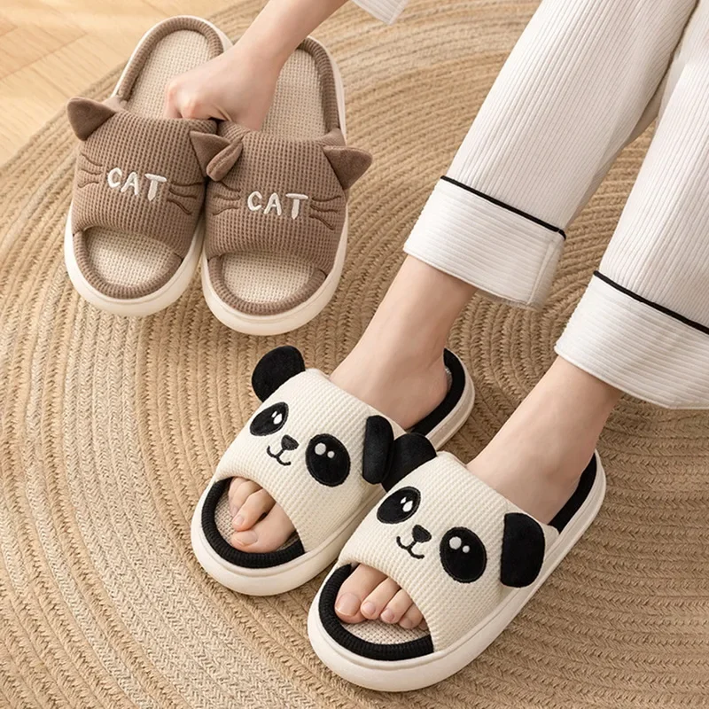 Cute Animal Slippers For Women Girls Kawaii Indoor Linen Slippers Woman Cartoon Milk Cow Panda Cat House Slipper Funny Shoes