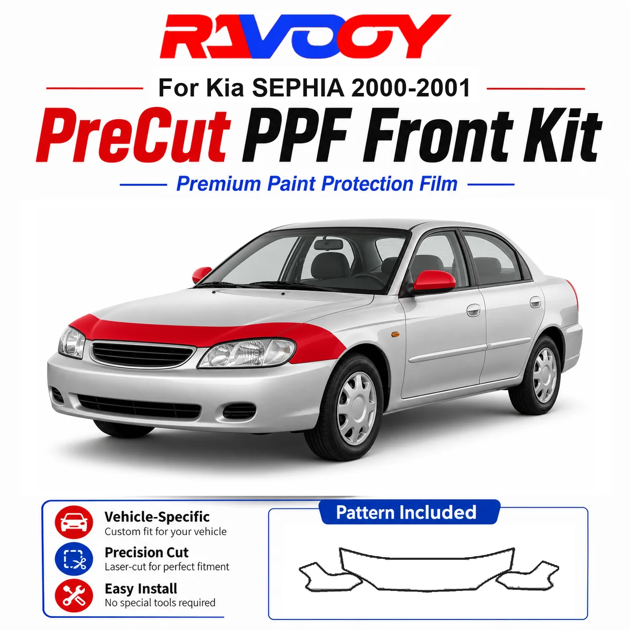 

8.5mil TPU Precut PPF Kit For Kia SEPHIA 2000-2001 - Hood, Partial Fenders & Full Mirror Set - Self-Healing Gloss Clear Bra Film