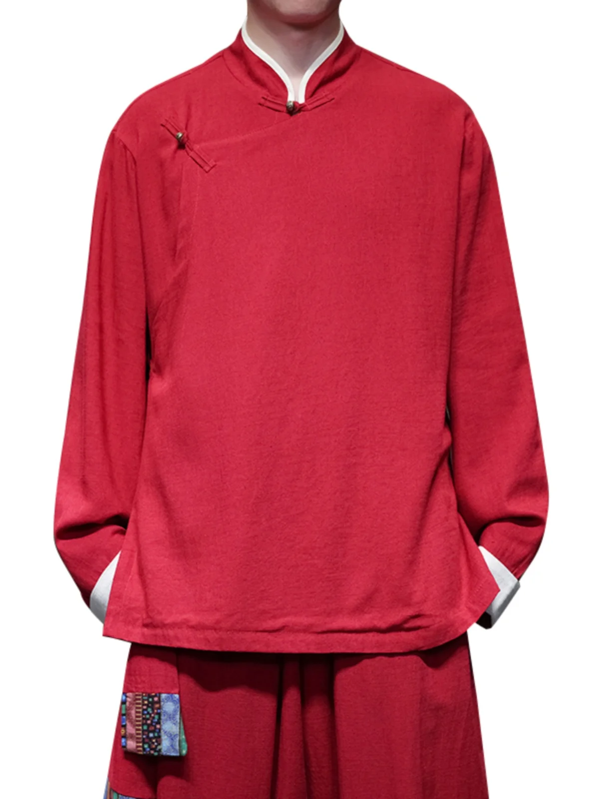 

Red Cotton Linen Men's Tang Suit Jaet Spring Season Collar Button Decorated Traditional Chinese Sle Outerwear Long Sve