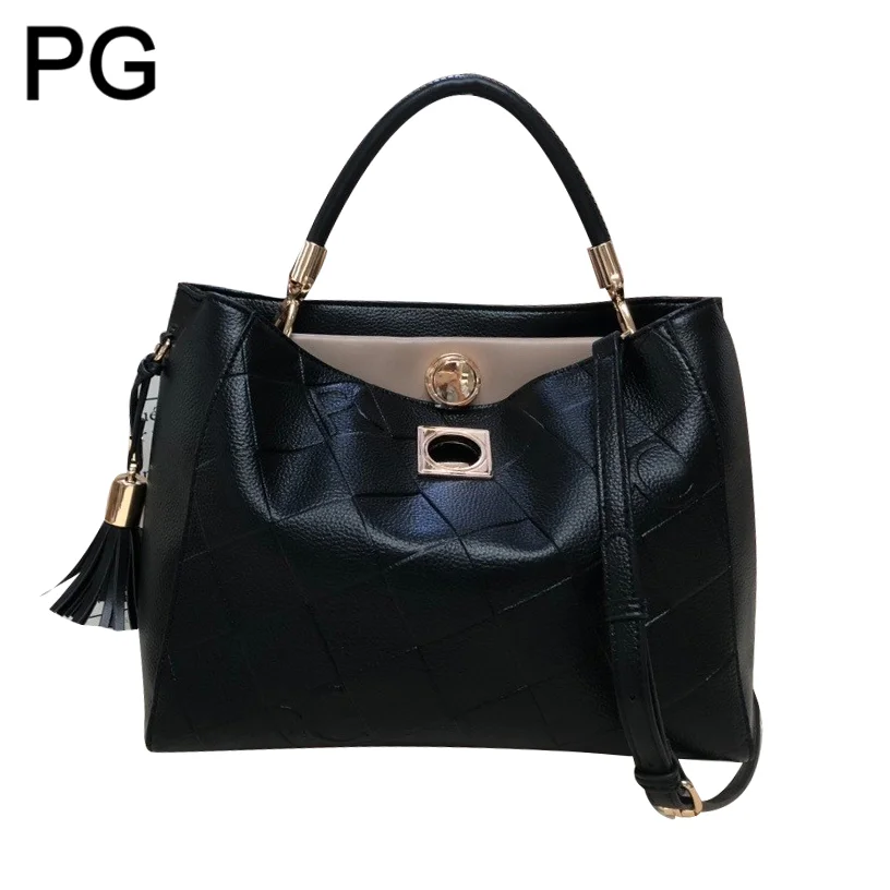 

PG Embossed Checkered Shoulder Bag Women Twist Lock Tassel Pendant Detachable Strap Solid Color Essential Daily Purses