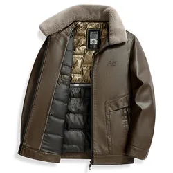 High Quality Men's Casual Faux Leather Duck Down Jackets Winter Streetwear Warm Puffer Coats Thicken Fur Collar Tops Down Parkas