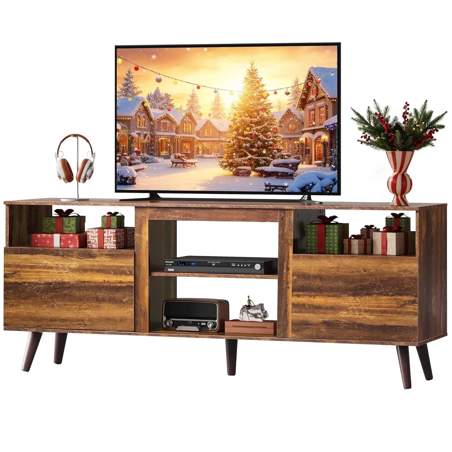

Mid-Century Modern TV Stand for 55 60 65 Inch TV, Entertainment Center with Extra Open Shelf & Storage Cabinets,, Customized