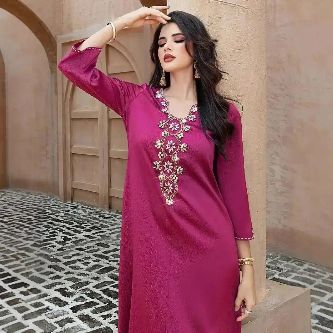 

Ba5162 New Dragon Fruit Color Loose Handmade Beaded Robe Vacation Party Dress Robe Abaya Ramadan Dubai Luxury Islam Elegant