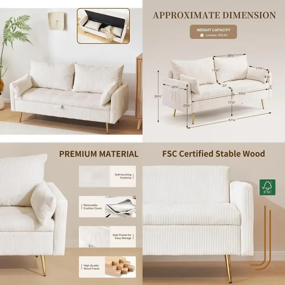 

Compact 2-Person Storage Loveseat Sofa, 62" Corduroy Couch with Removable Cushion Cover and Gold Legs for Bedroom Use