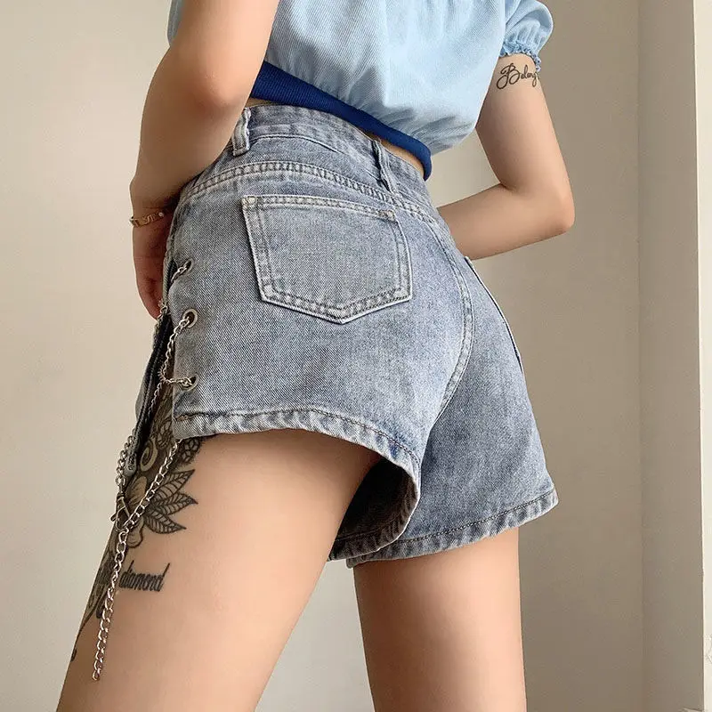 Rimocy Fashion Chain Blue Denim Shorts for Women 2024 Sexy Split High Waist Shorts Woman Summer Streetwear Short Jeans Female