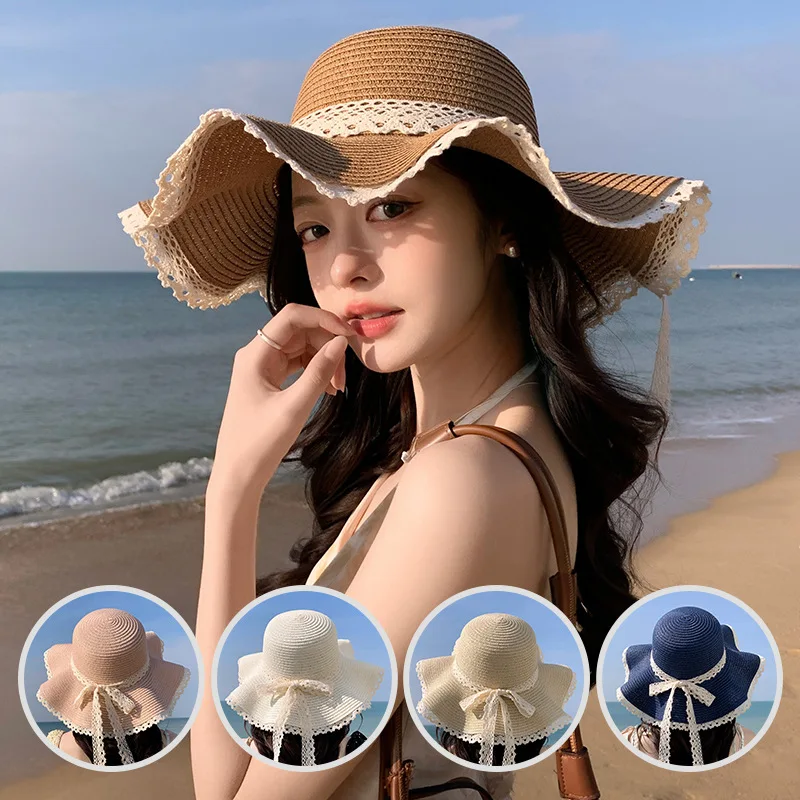 Fashion Flat-topped Straw Wide Brim Hats Girls Outdoor Wave Lightweight Sun Hat Bowknot Lace Women Beach Caps Q39