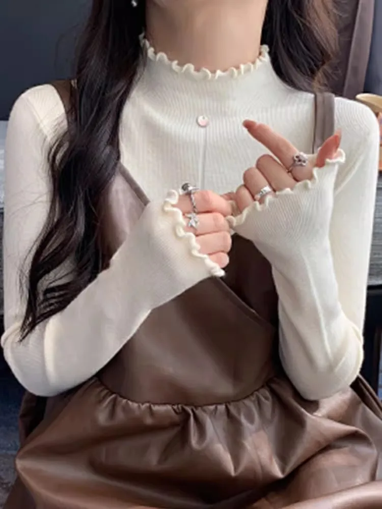 

2026 Spring Autumn Ruched Turtleneck Sweaters Women Soft Warm Pullover Slim Versatile Tops Knitted Sweater Solid Base Layer Top