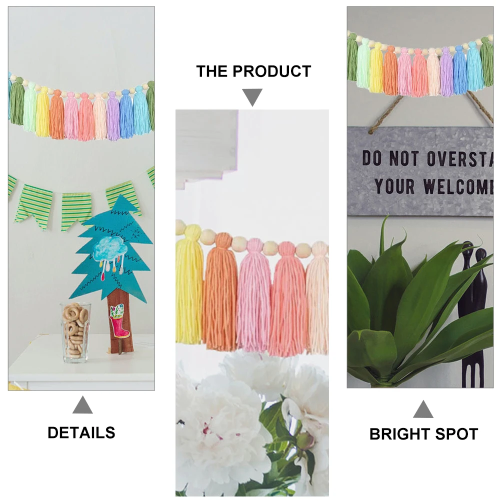 

Rainbow Tassel Wall Hanging Garlands Cotton Decorative Hair Ball Wood Beads String Bedroom Nursery Decoration Wall Hanging