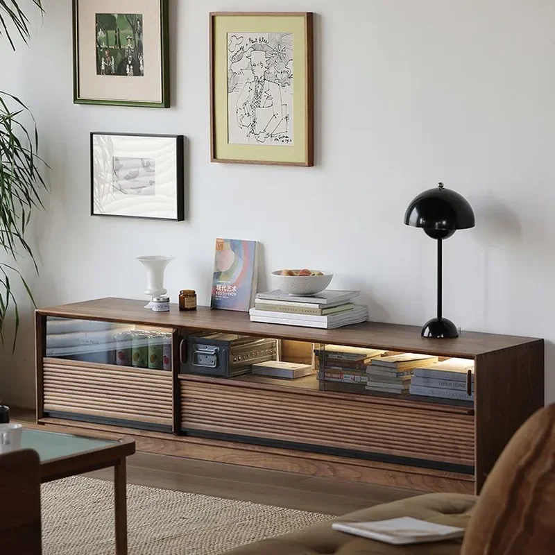 Nordic Japanese Style Black Walnut TV Cabinet All Solid Wood Modern Simple Small Apartment Retro Glass Locker Ground Cabinet