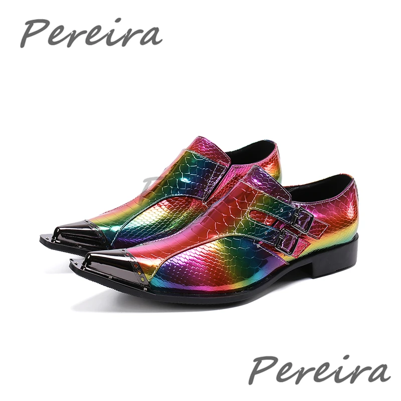 Colorful Double Buckle Formal Shoes Luxury Metal Pointed Toe Genuine Leather Business Casual Shoes Party Wedding Dress Shoes