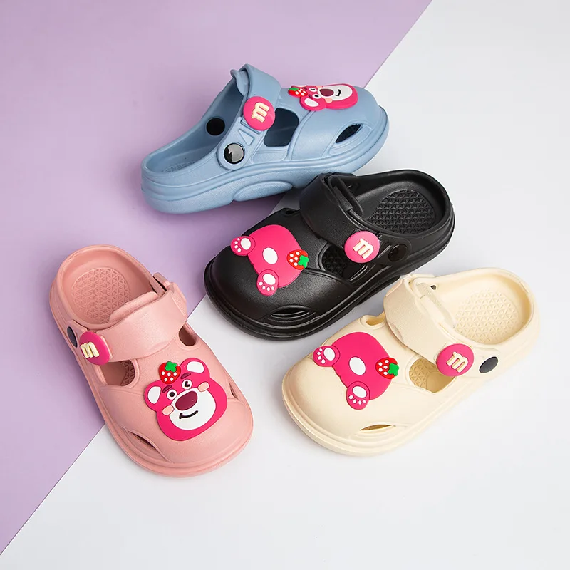 Disney Children's Summer Shoes Lotso Thick soles Cartoon Cute Bear Solid Color Pink White Shoes Open Toe Sandals Slipper Size 24