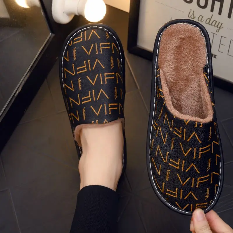 Winter PU Leather Closed Toe Slippers Warm Plush Indoor Home Soft Flat Sole Quiet Non-slip Unisex House Shoes