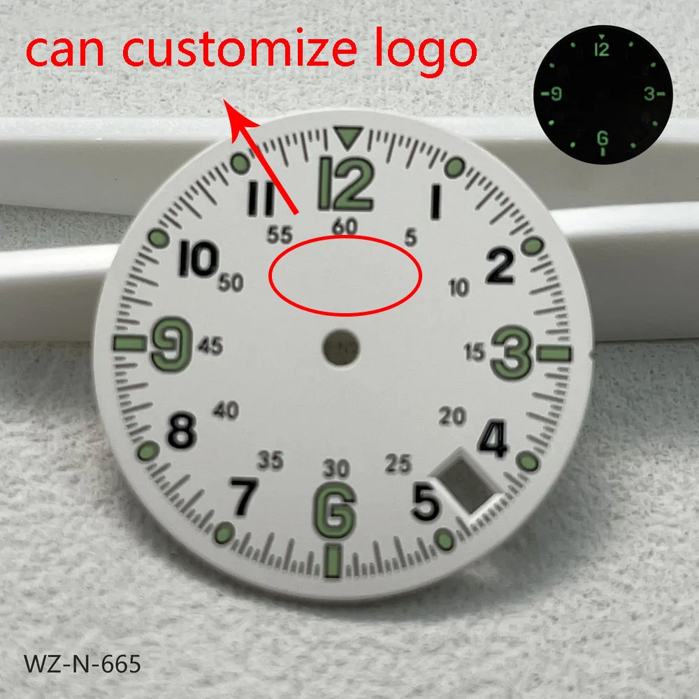 28.5mm NH35 ダイヤル発光アラビア数字ダイヤル、4 時位置に日付付き、NH35 自動巻きムーブメント watchmods はロゴをカスタマイズできます