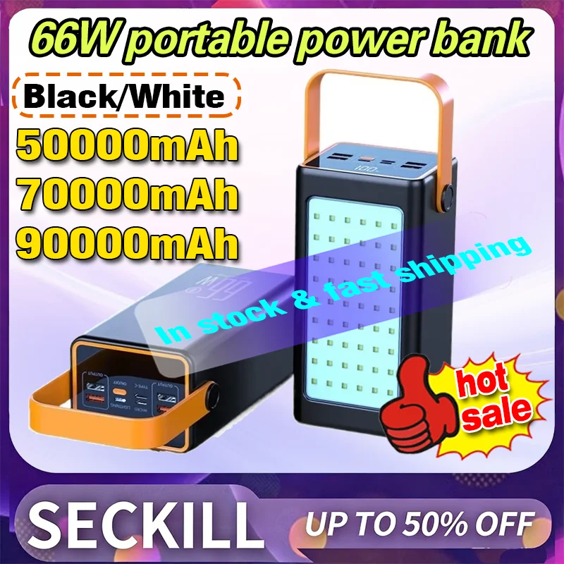 50000mAh-90000mAh 66W New Power Bank Powerful Large Capacity External Spare Battery for IPhone Xiaomi Fast Charging Powerbank