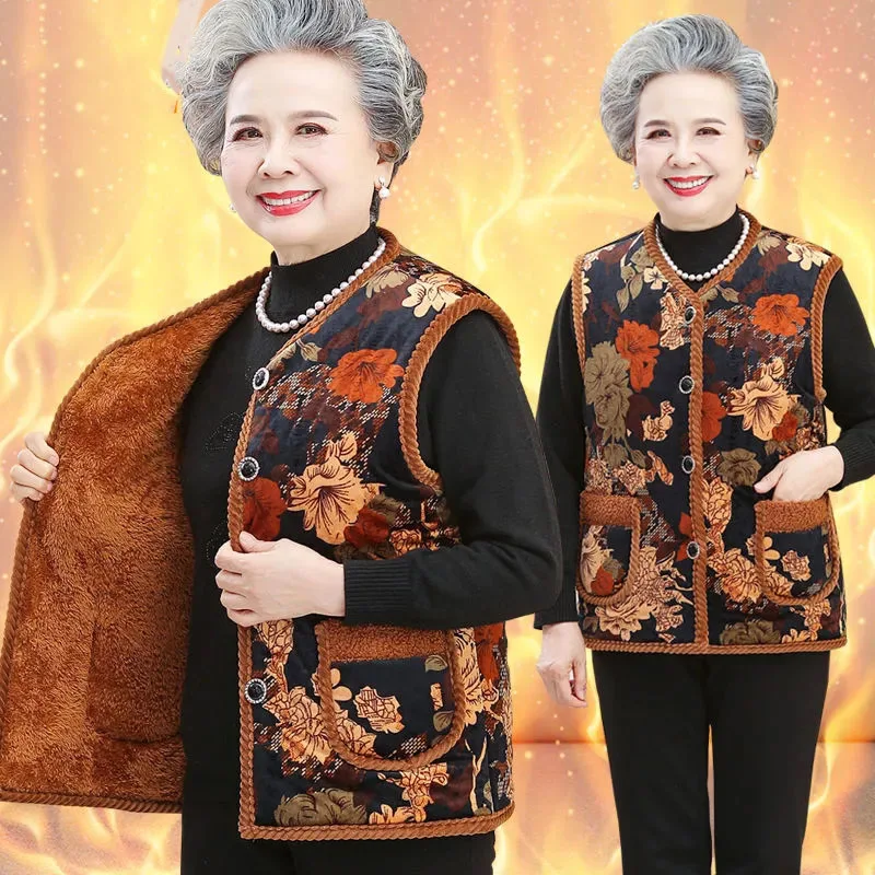 XL-6XL Elderly Women Vest Coat Winter Warm Sleeveless Jacket Female Button Fleece Waistcoat Grandma Thicken Cotton Padded Vests
