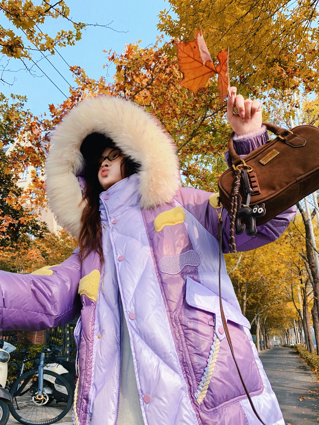 

Gula Liangpin Purple Mud Sauce Du down Jaet Real Fur Collar Warmth Artistic Feel Casual Sle Long Sve Coat