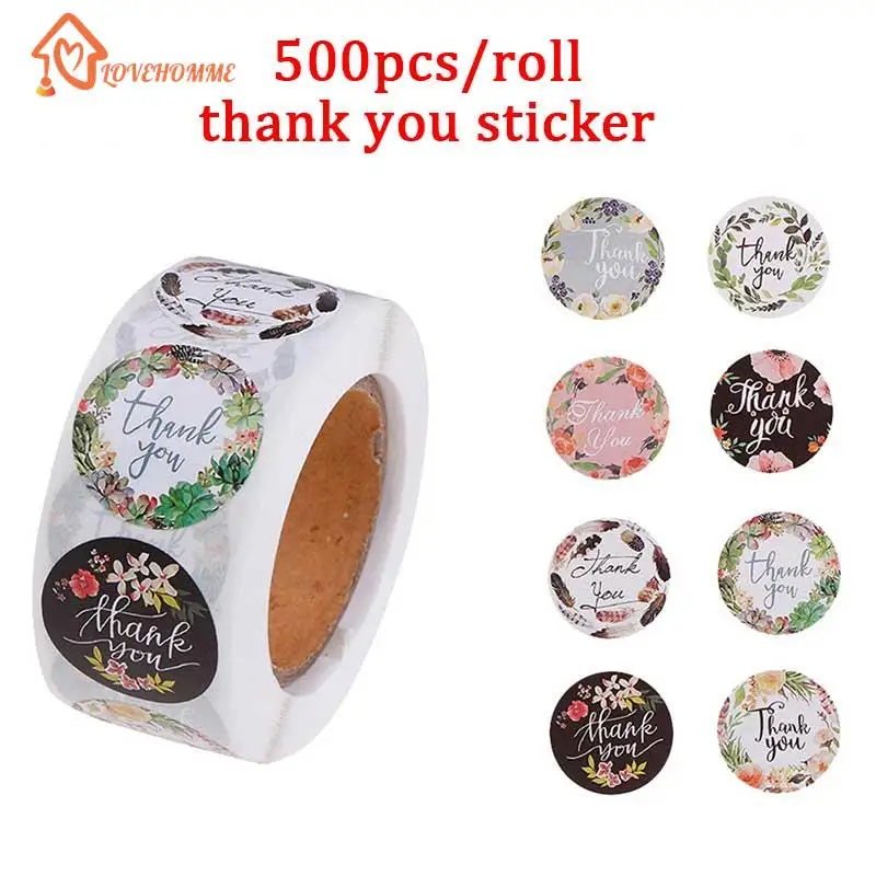 500Pcs/Roll Flowers Heart THANK YOU Adhesive Stickers Scrapbooking Stationery Cake Biscuit Baking Sealing Labels Gift Hot Sale