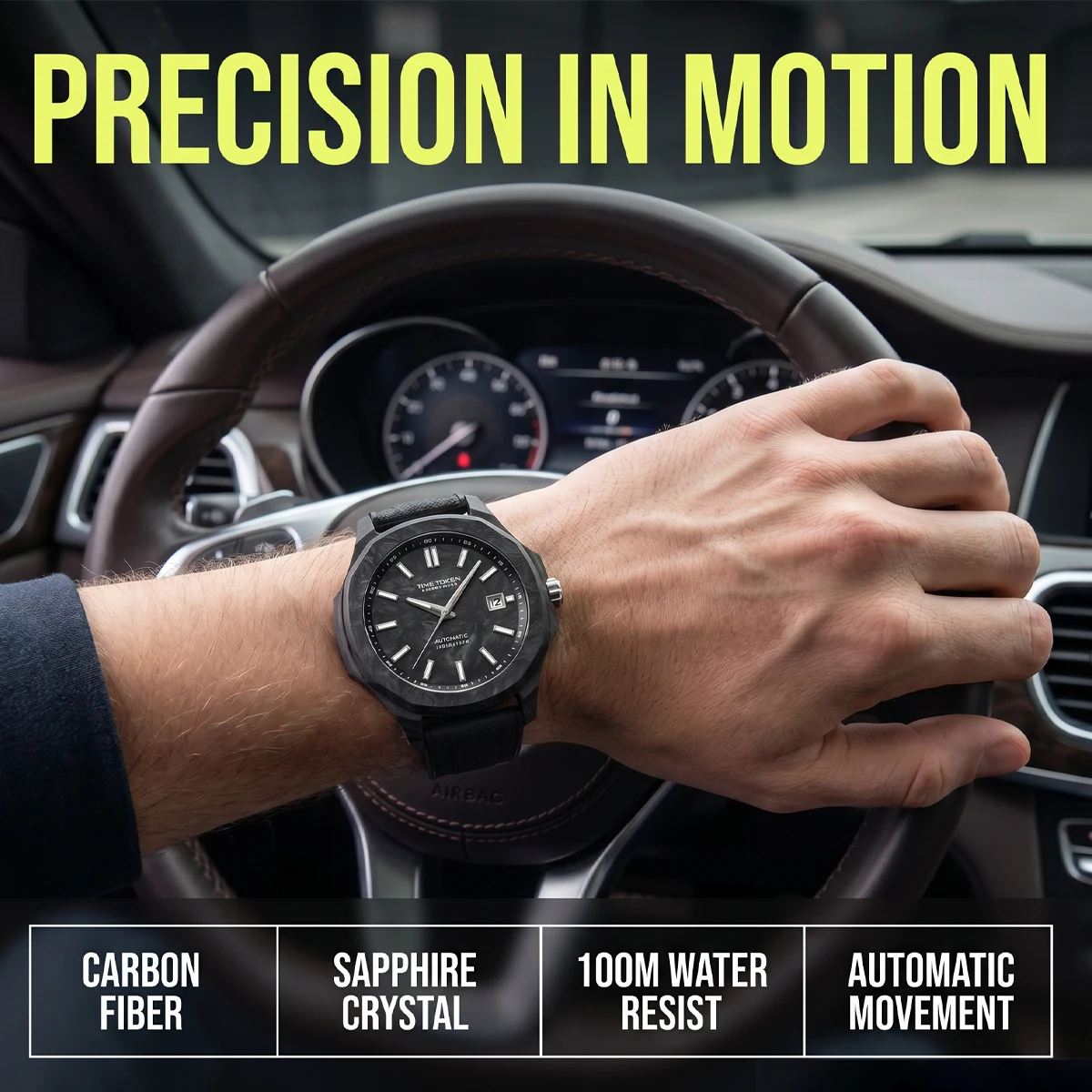 TIME TOKEN 43MM Carbon Fiber Luminous Mechanical Wristwatch 10Bar Waterproof Automatic Watch Calendar Luxury Watch for Man T586