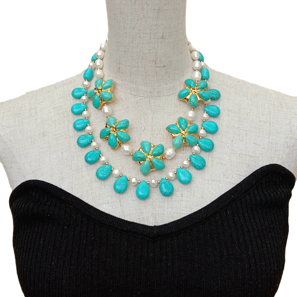 

Y.YING 2 Strands natural Cultured White Rice Pearl Blue Turquoises Flower Necklace