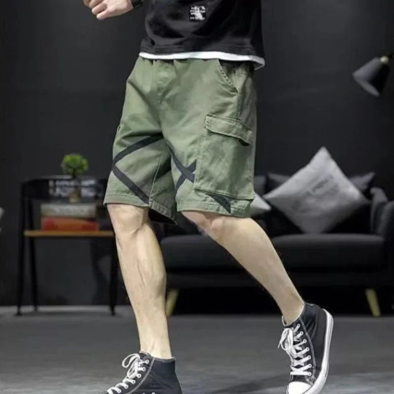 

Однотонные короткие брюки для мужчин, широкие полусвободные длинные брюки с карманами, мужские шорты-карго с эластичной резинкой на талии, мешковатые дизайнерские бермуды