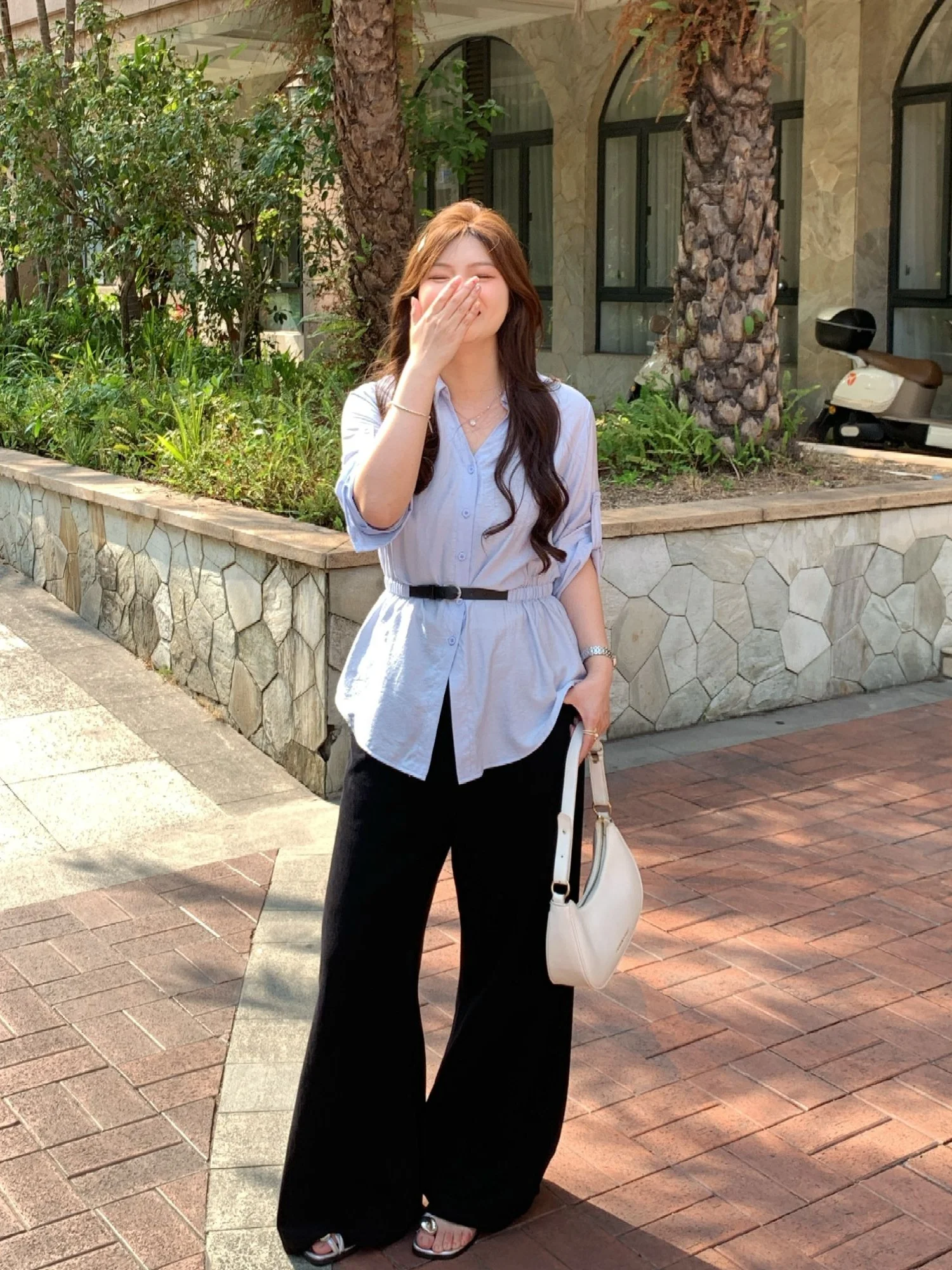 

Slimming V-Neck Patchwork Belted Waist Design Korean Style plus Size Spring Summer Shirt for Young Women Regular Sleeve Length